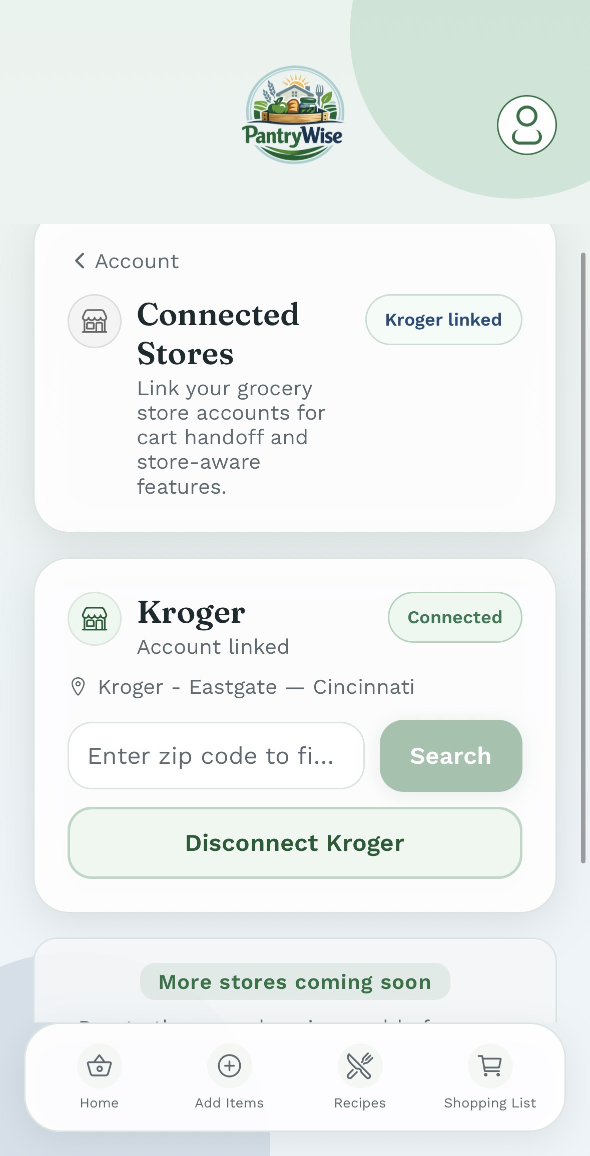PantryWise connected stores screen showing a linked Kroger grocery account