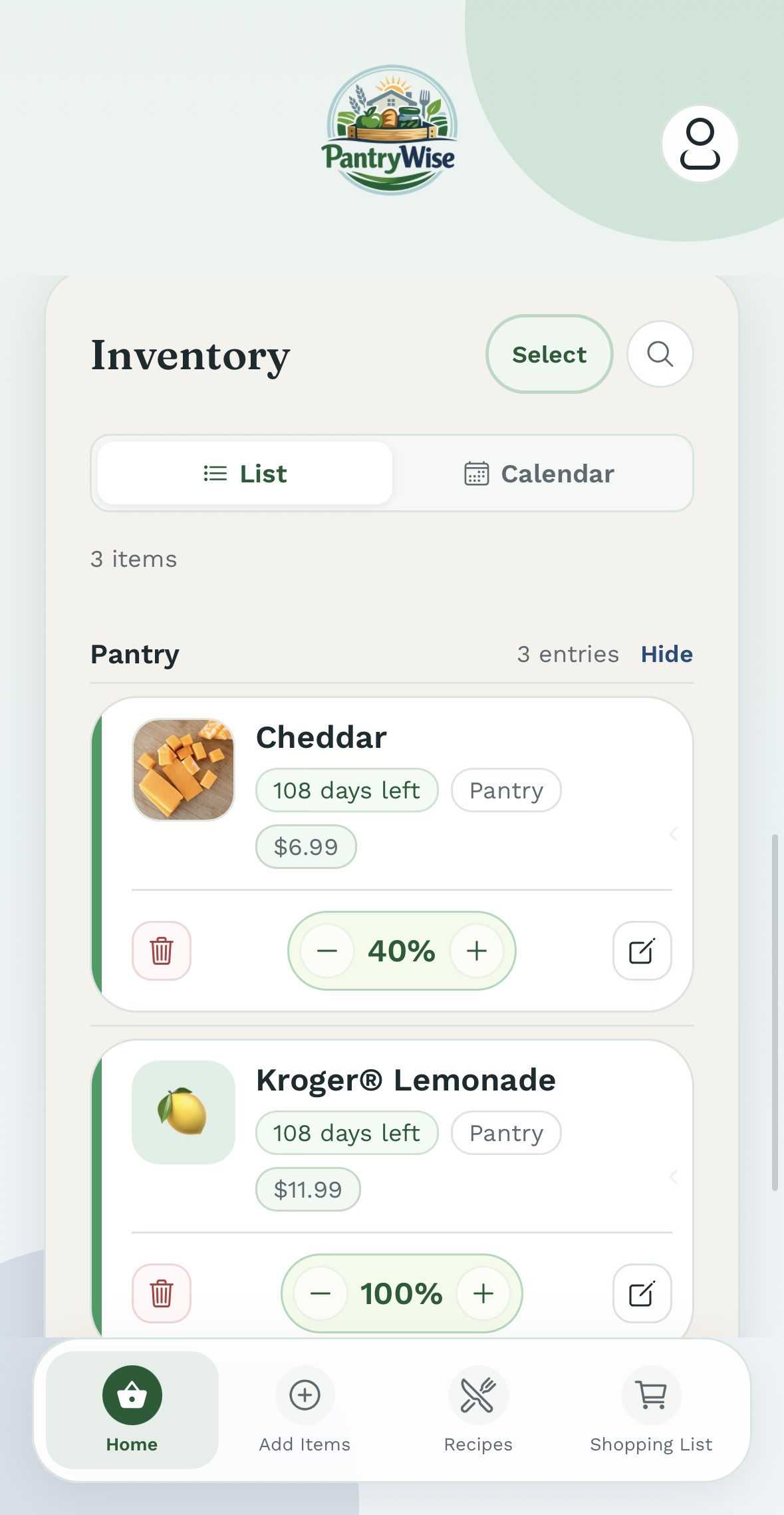 PantryWise pantry inventory showing food, quantities, locations, and expiration dates