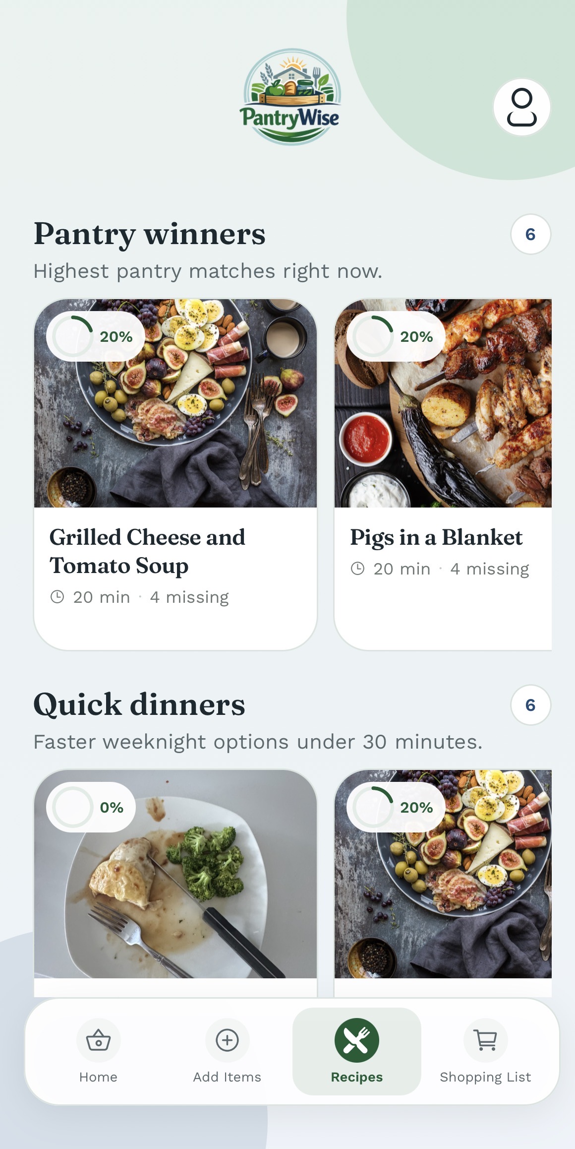 PantryWise recipe matching showing pantry matches and missing ingredient counts