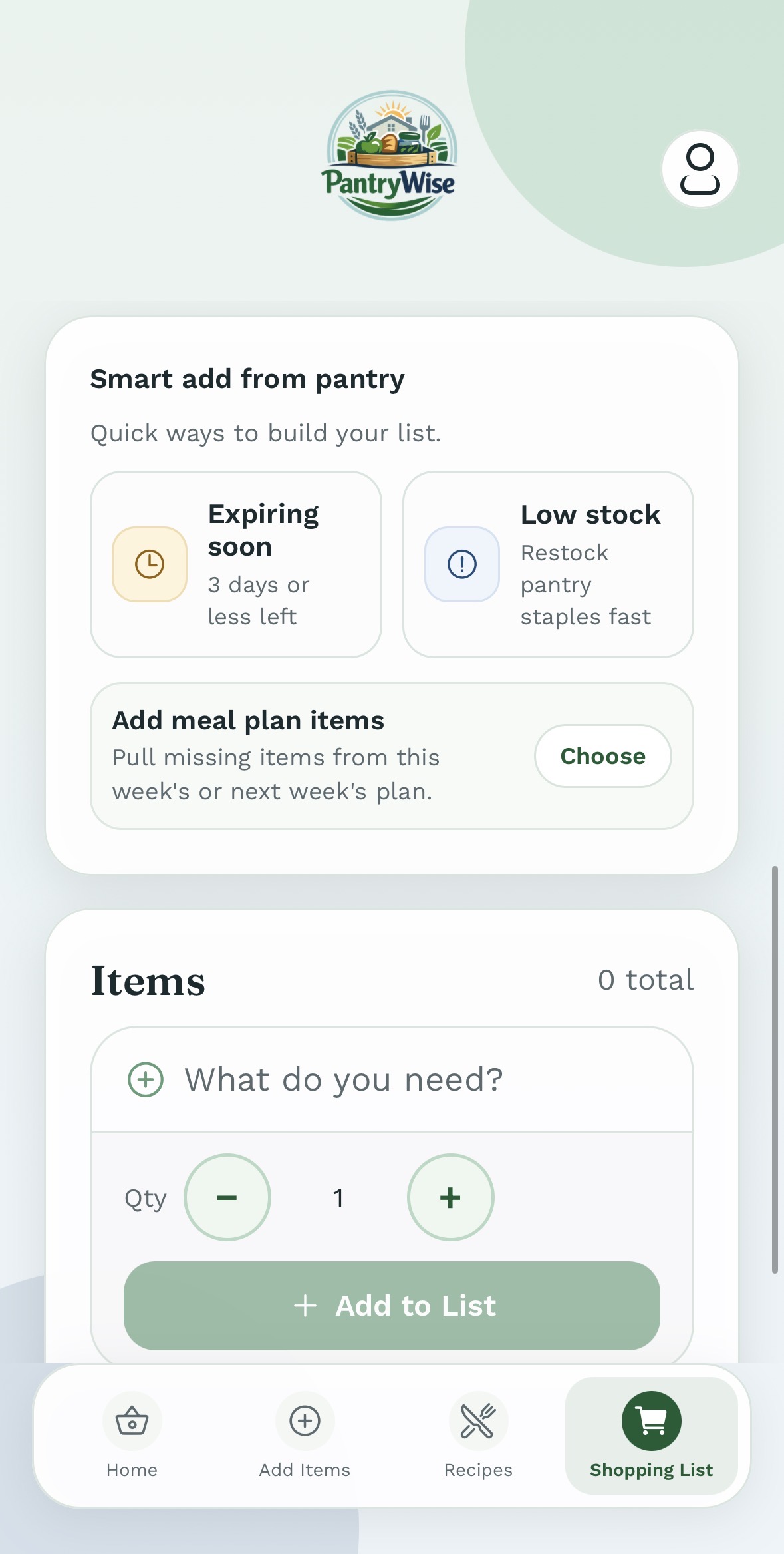 PantryWise smart shopping list with low-stock, expiring, and meal-plan suggestions